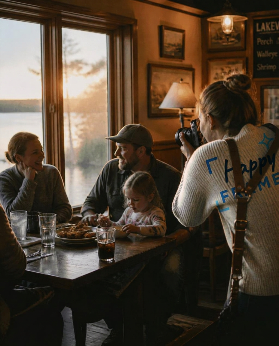 A Happy Frames photographer taking a family photo inside a Wisconsin Dells restaurant