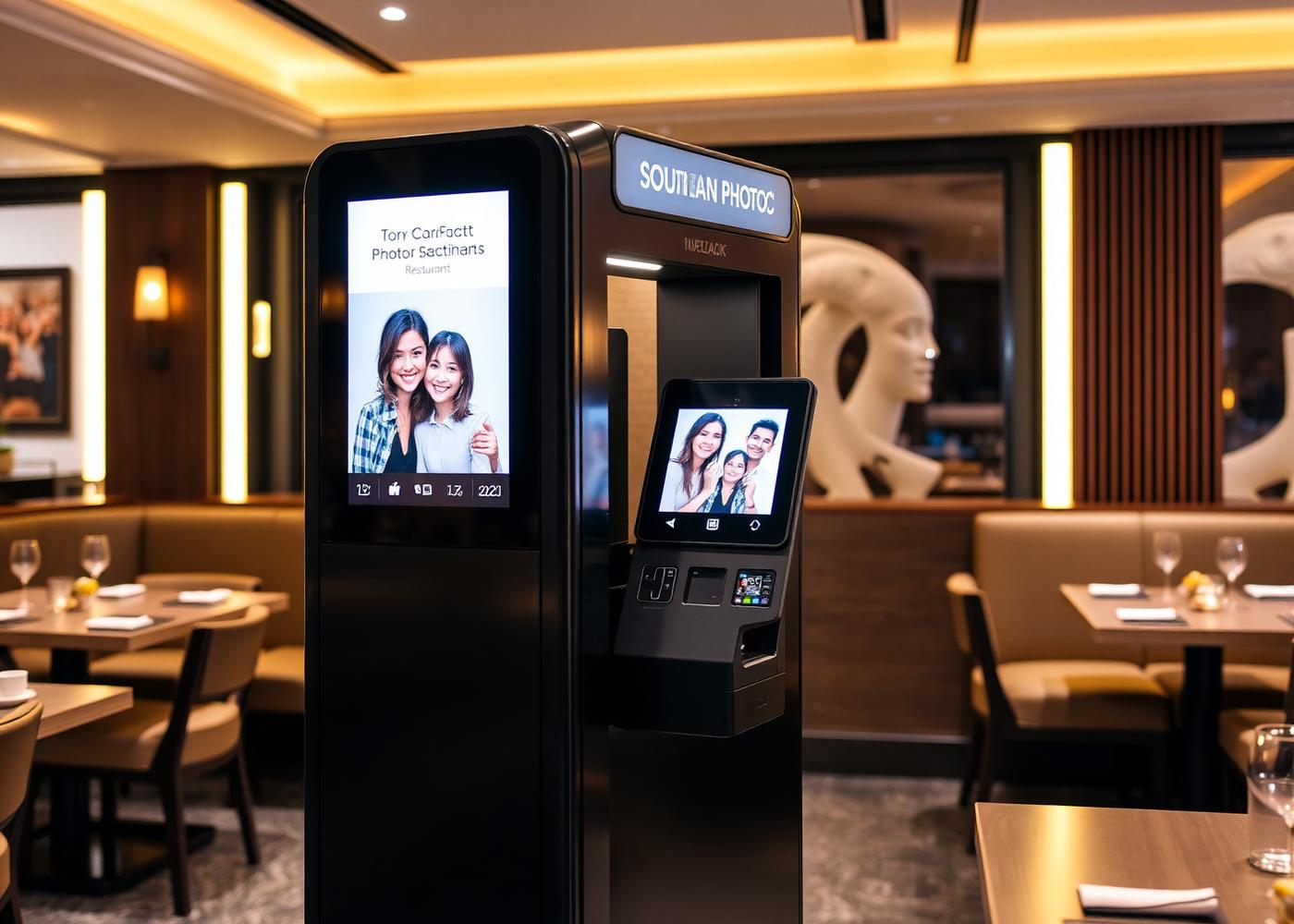A compact Happy Frames photo station operating inside a family restaurant